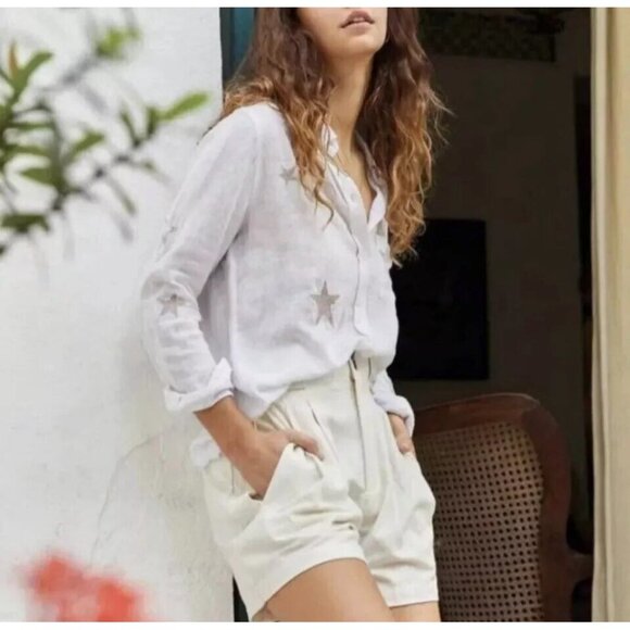 RAILS Charli White & Rose Gold Star Embroidery Linen Blend Button Shirt Top, XS - Picture 3 of 14